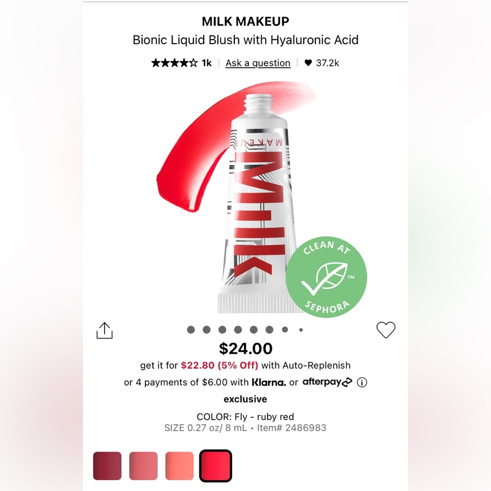 Milk Makeup Bionic Liquid Blush w/ Hyaluronic Acid in Fly (sheer ruby red), NIB